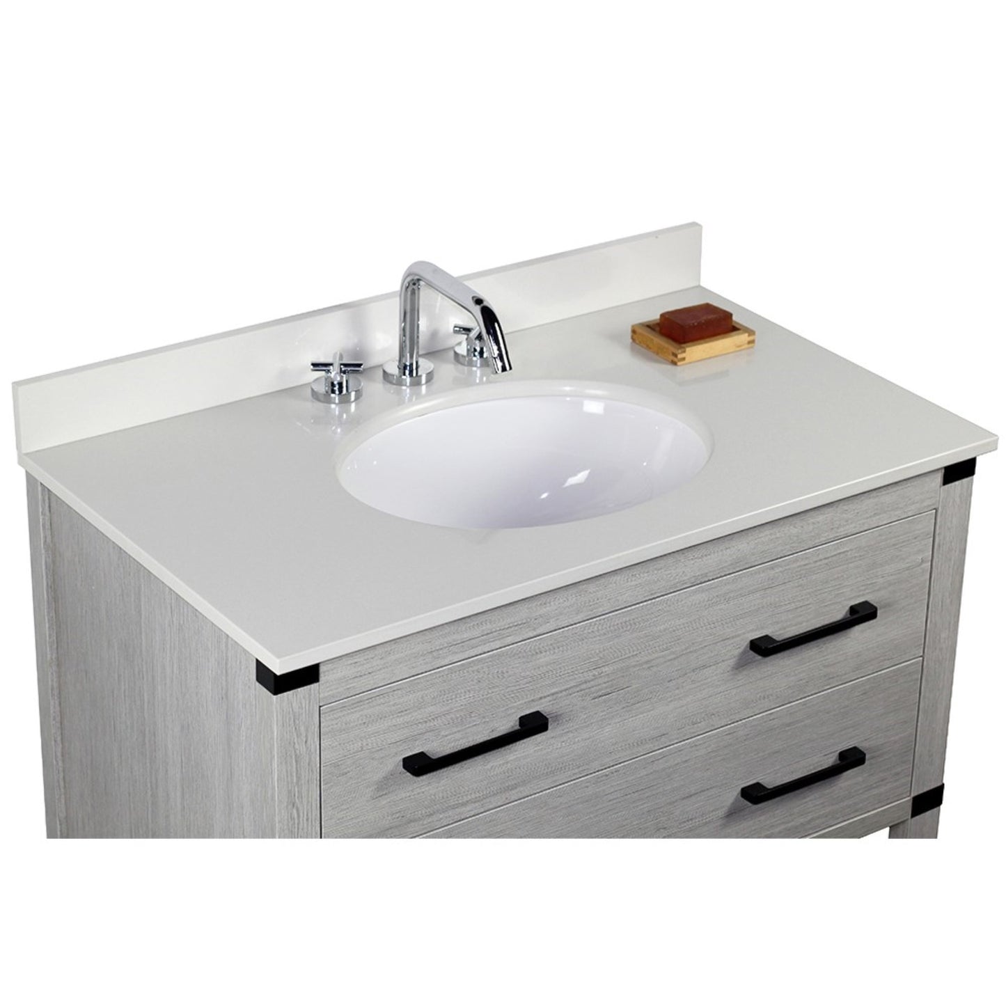 37" Single vanity in Gray Pine finish top with White engineered stone and oval sink