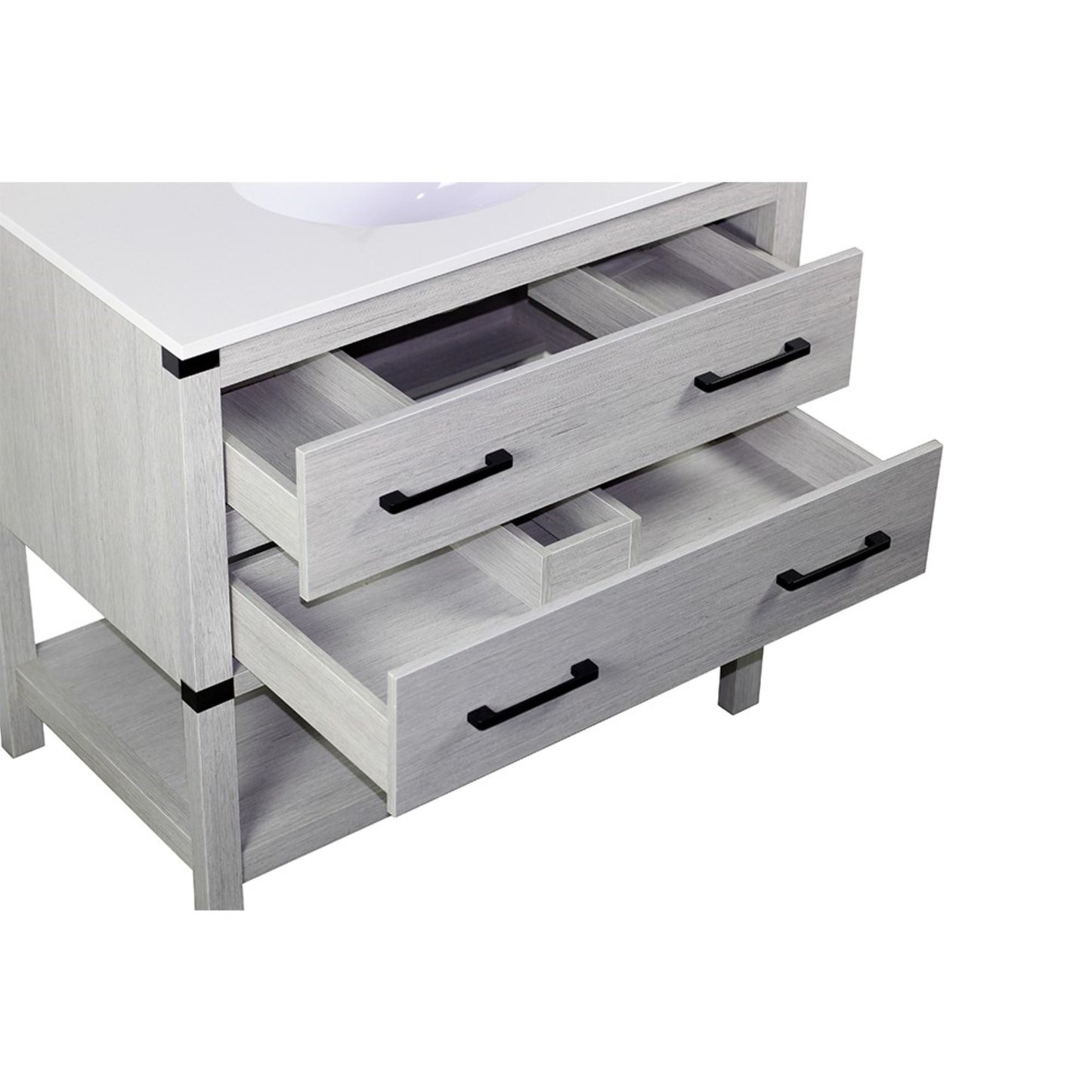37" Single vanity in Gray Pine finish top with White engineered stone and oval sink