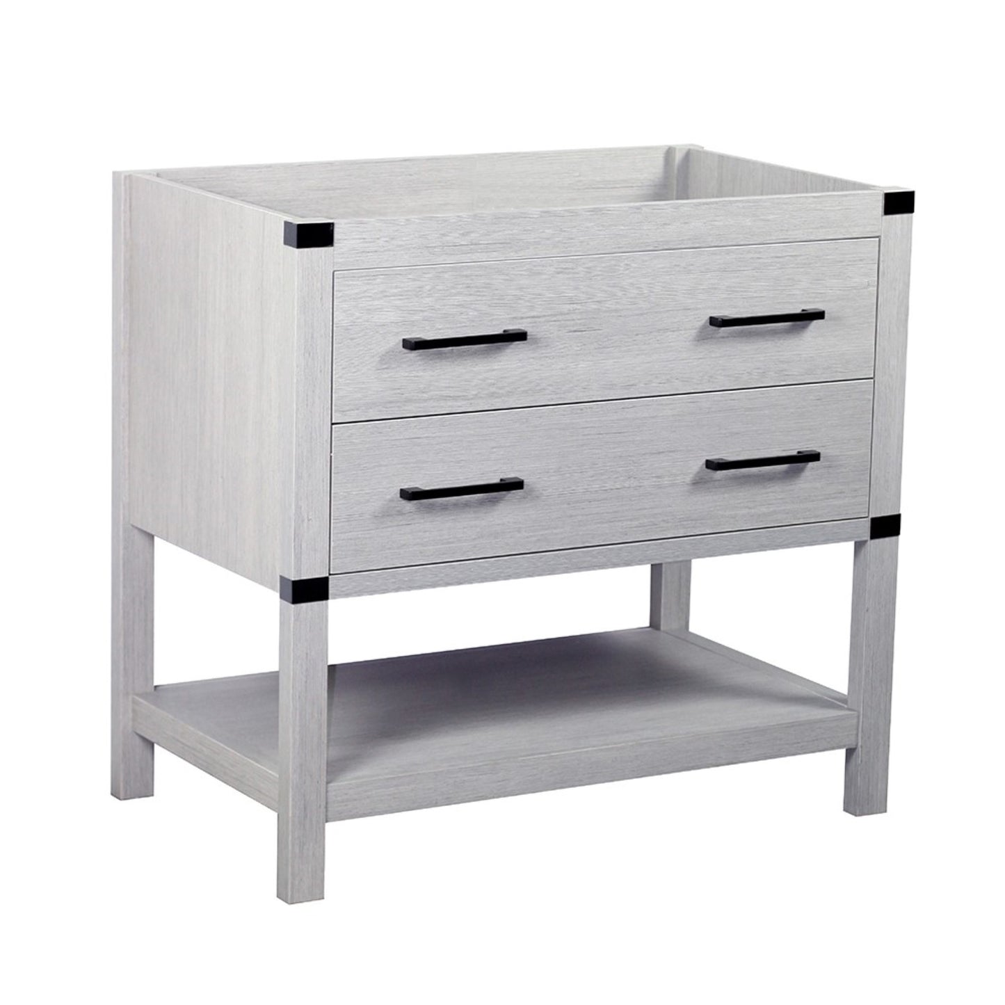37" Single vanity in Gray Pine finish top with White engineered stone and oval sink