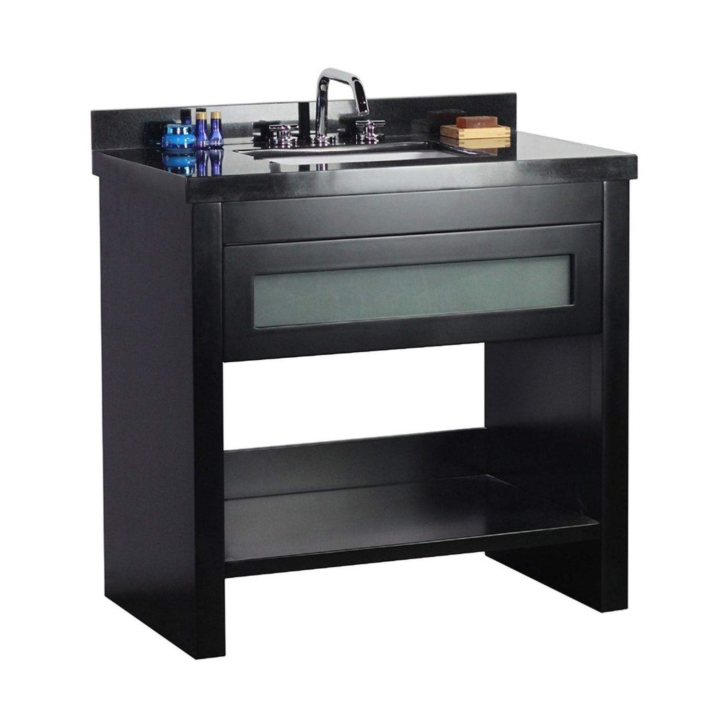 37" Single vanity in Matte Black finish top with Black Galaxy and rectangle sink