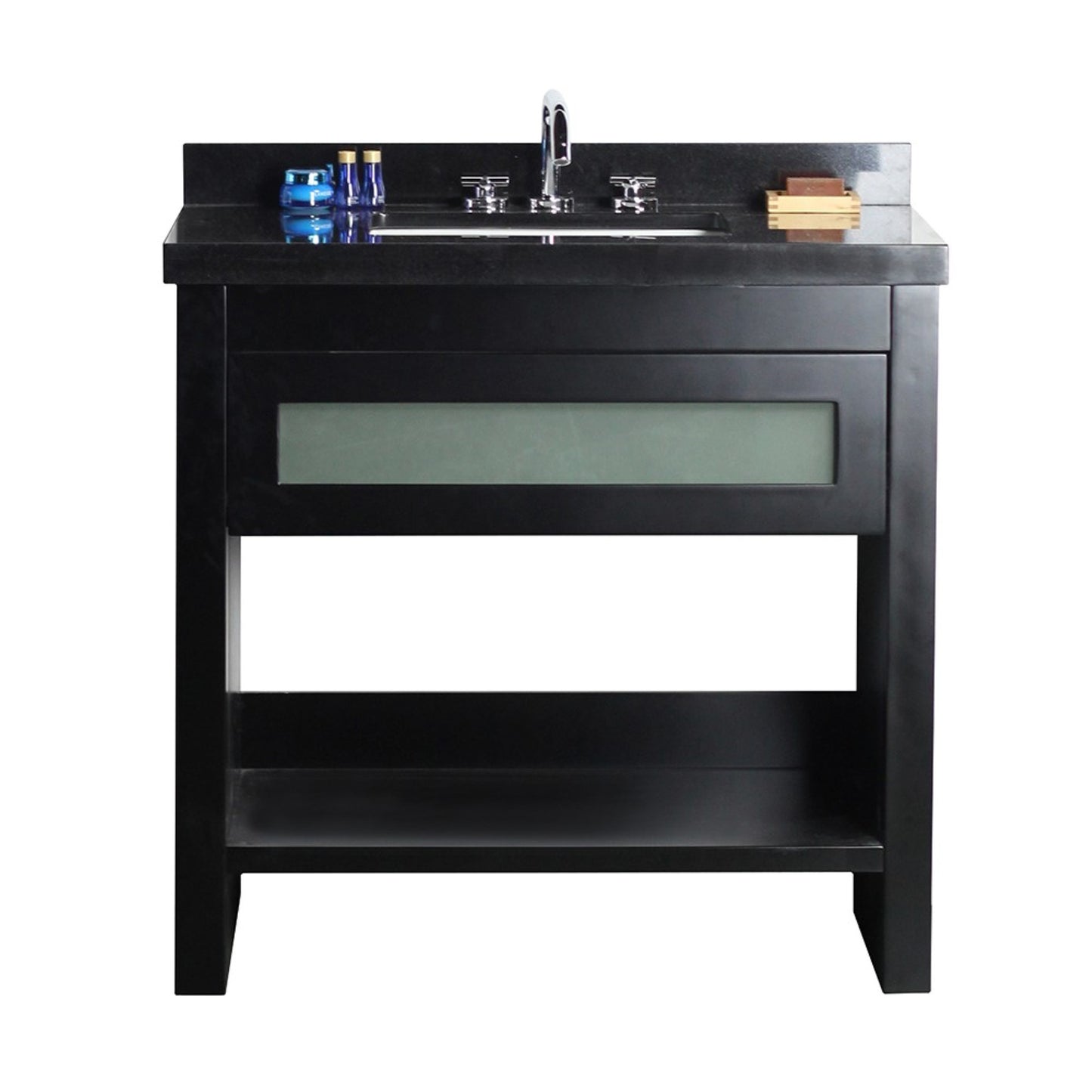 37" Single vanity in Matte Black finish top with Black Galaxy and rectangle sink