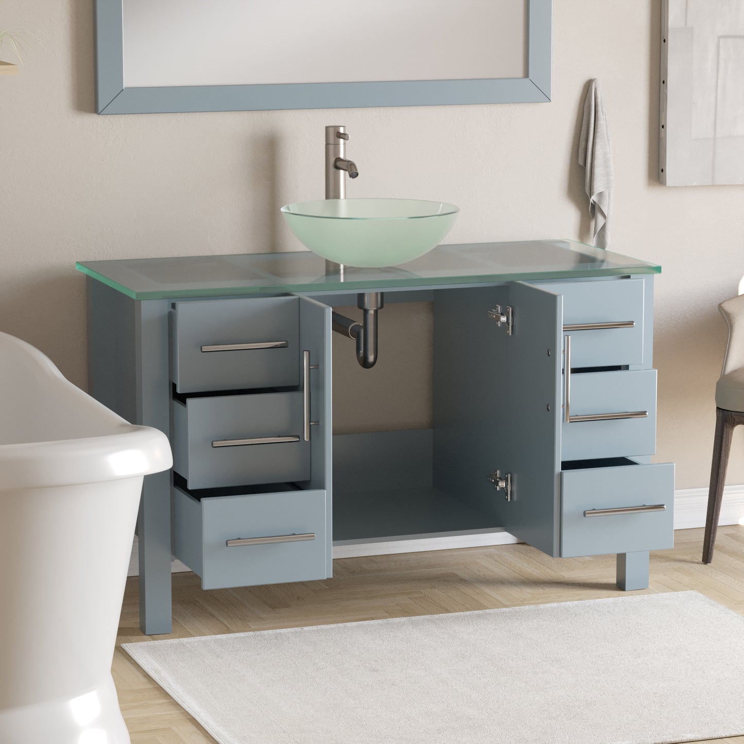 Complete 48" Gray Vanity Set with Brushed Nickel Plumbing