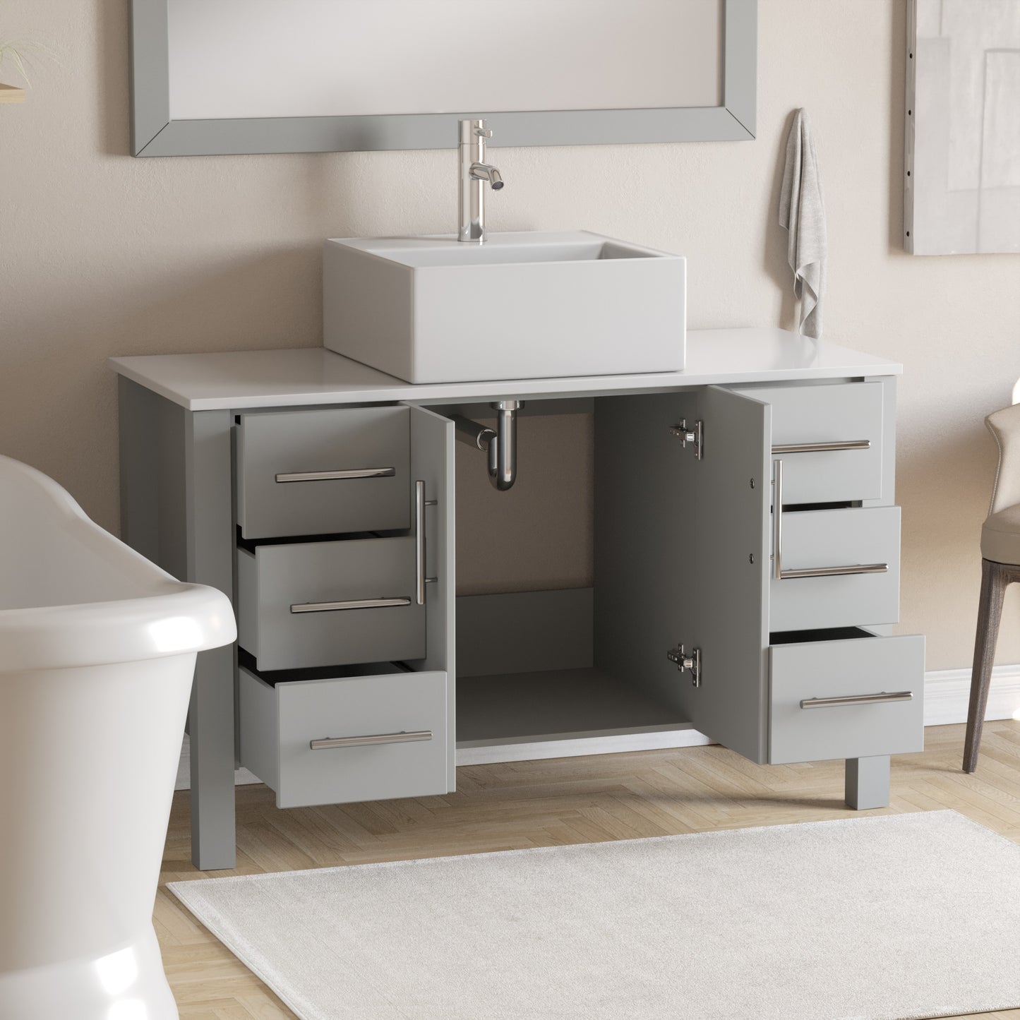 Complete 48" Gray Vanity Set with Polished Chrome Plumbing