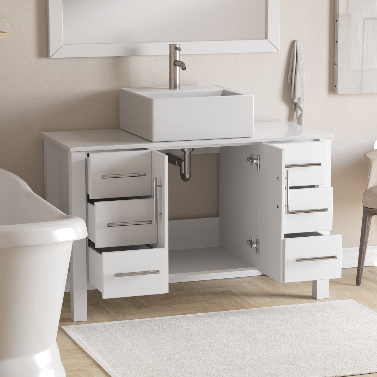 Complete 48" White Vanity Set with Brushed Nickel Plumbing