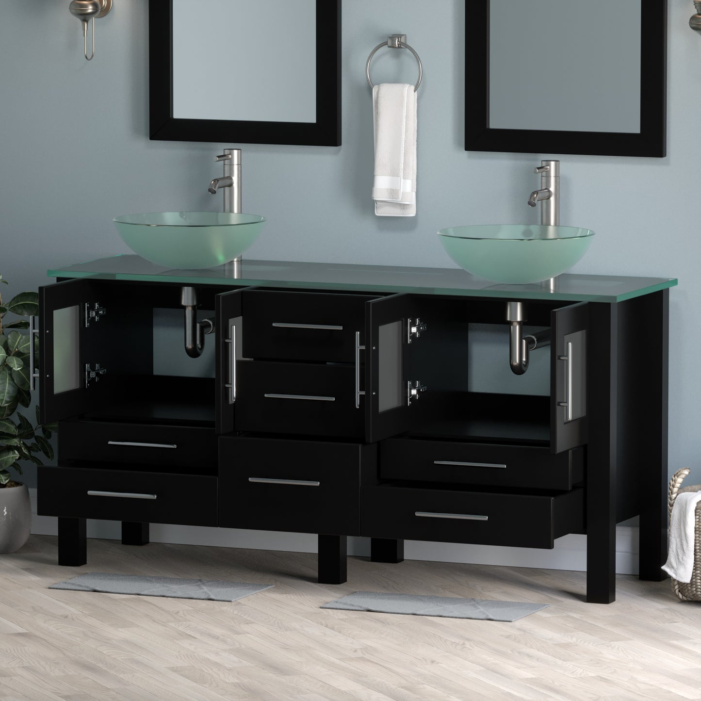 Complete 63" Vanity Set with Brushed Nickel Plumbing
