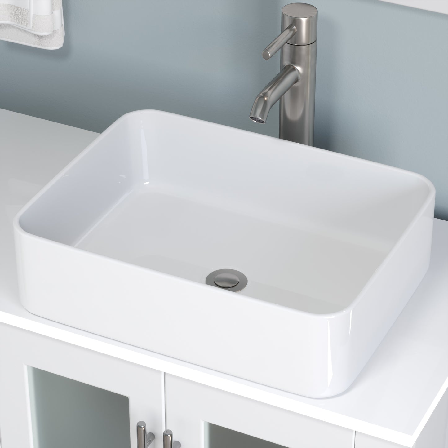 63 Inch White Vanity Set with Brushed Nickel Faucet and Pop Up Drain