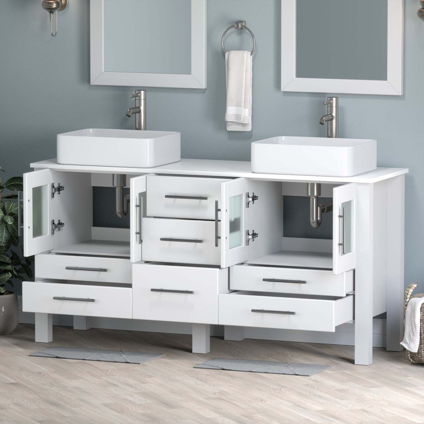 63 Inch White Vanity Set with Brushed Nickel Faucet and Pop Up Drain