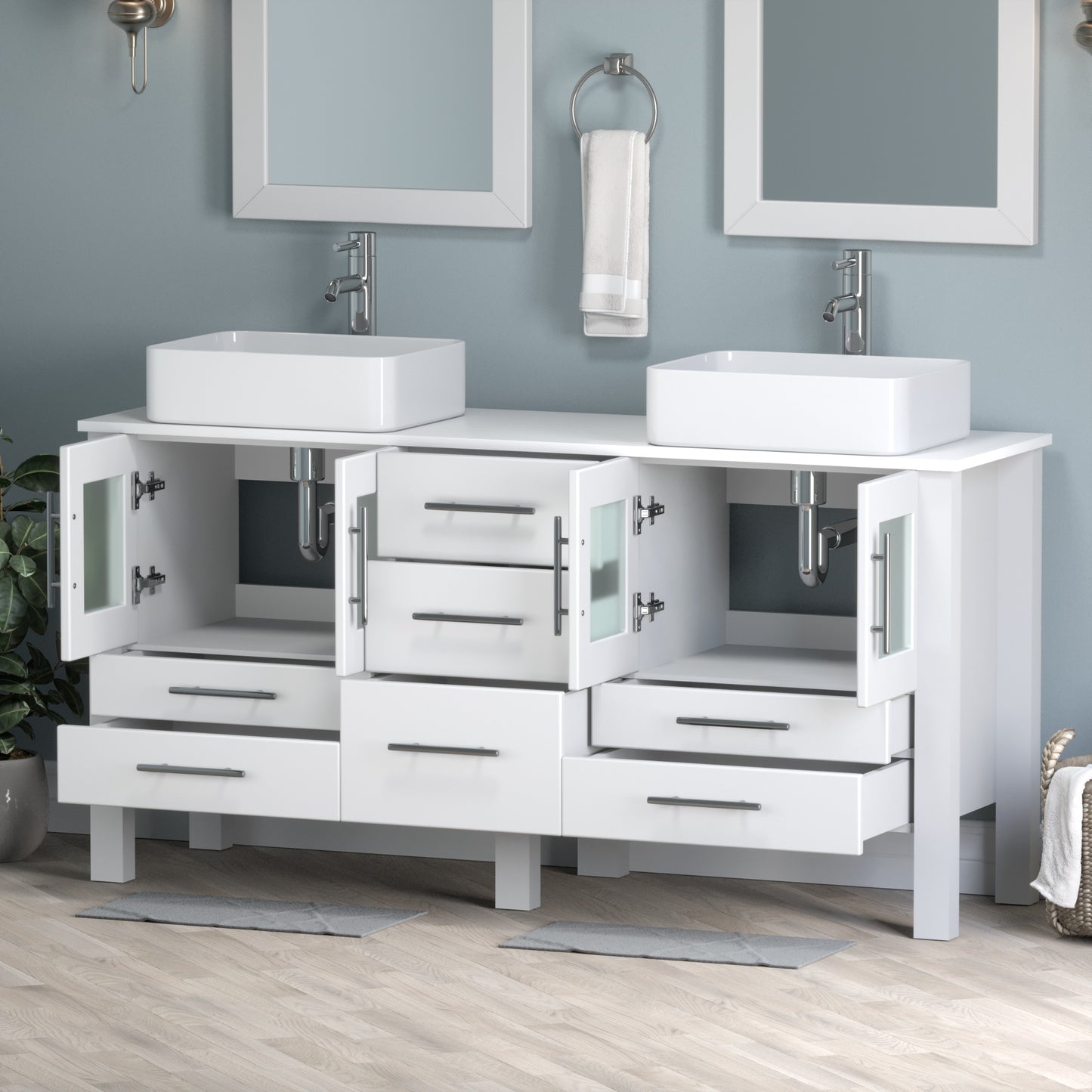 Complete 63 Inch White Vanity Set with Polished Chrome Pluming