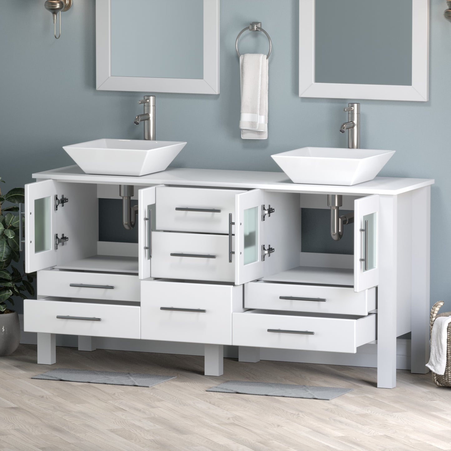 Complete 63" Vanity Set with Brushed Nickel Plumbing