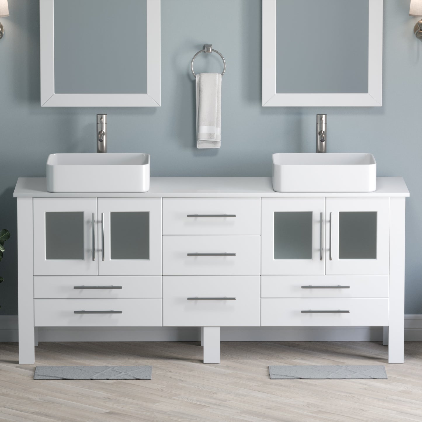 Complete 71" White Vanity Set with Brushed Nickel Plumbing