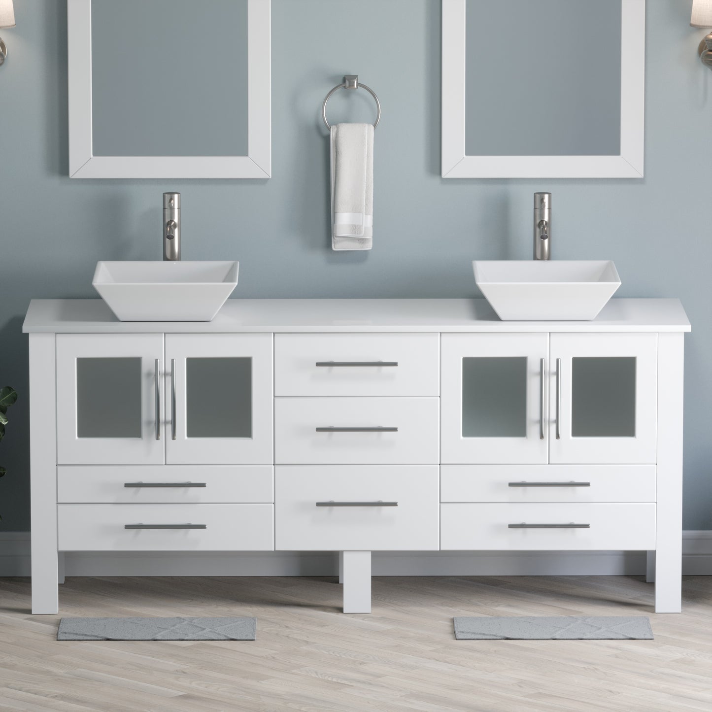 Complete 71" White Vanity Set with Brushed Nickel Plumbing