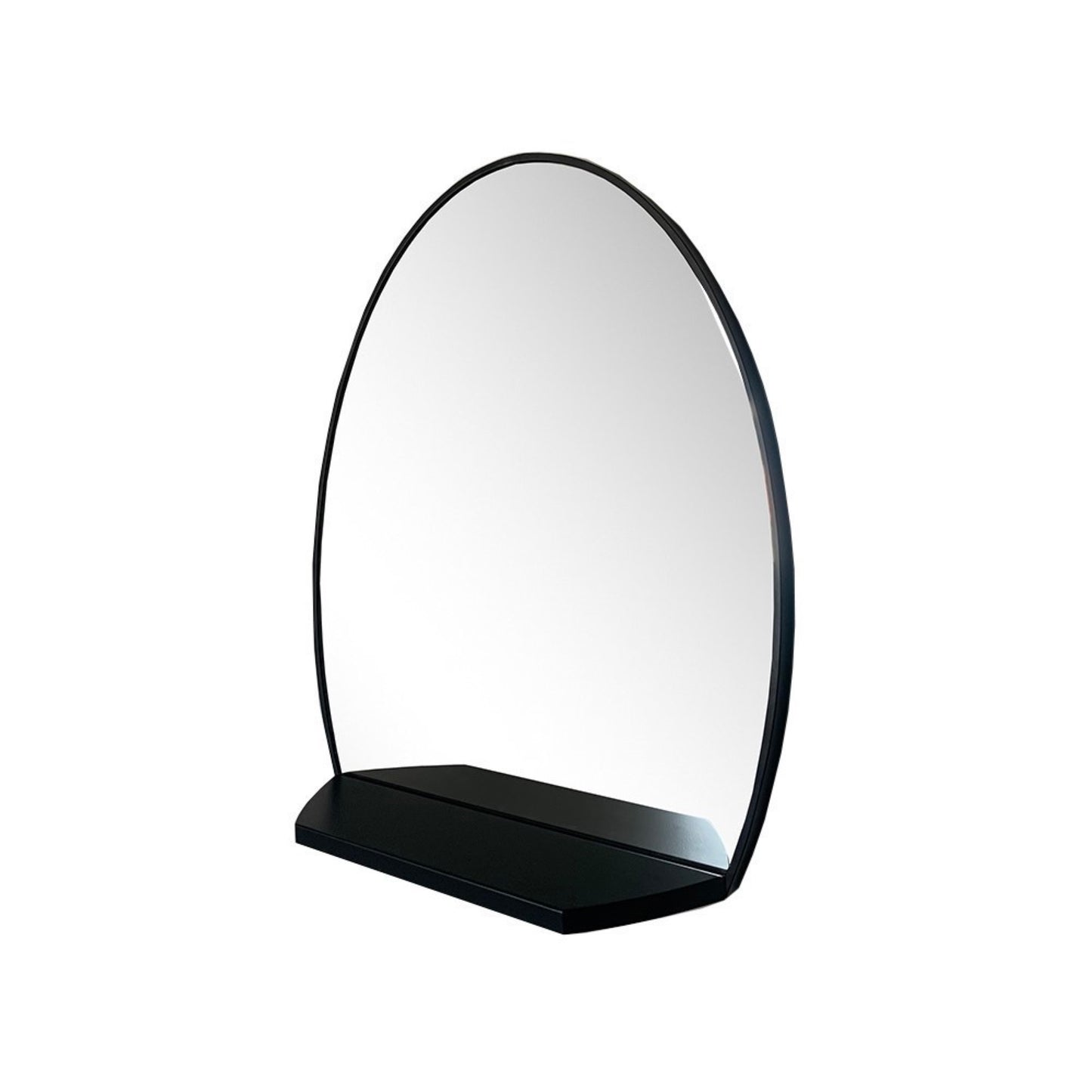 Oval Metal Frame Mirror with Shelf in Matte Black