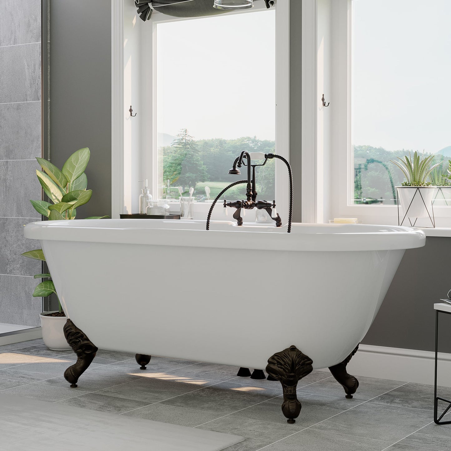 Acrylic Double Ended Clawfoot Bathtub Faucet Drillings and complete Oil Rubbed Bronze Plumbing Package