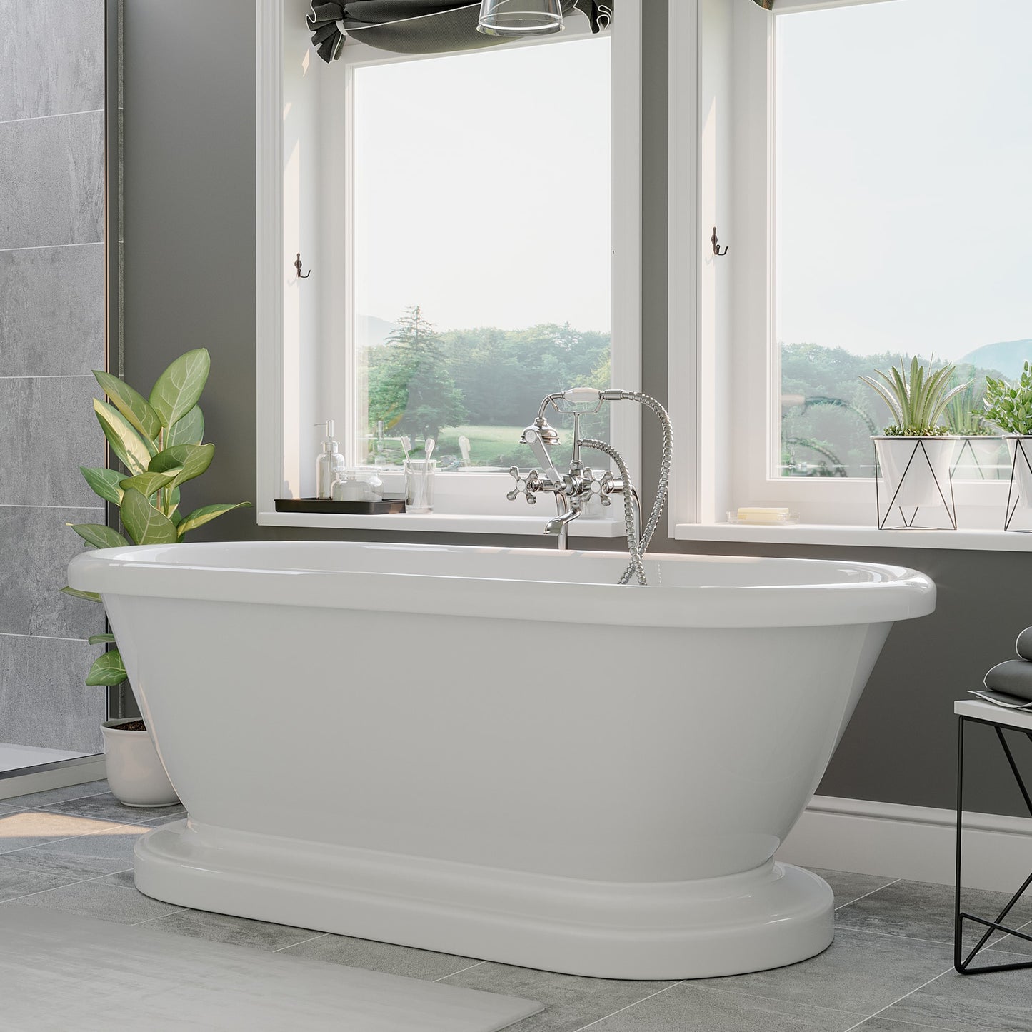 Acrylic Double Ended Pedestal Bathtub with Continuous Rim and Complete Polished Chrome Plumbing Package