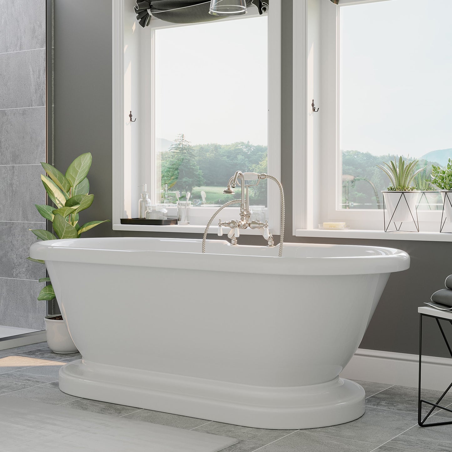 Acrylic Double Ended Pedestal Bathtub with Complete Brushed Nickel Plumbing Package