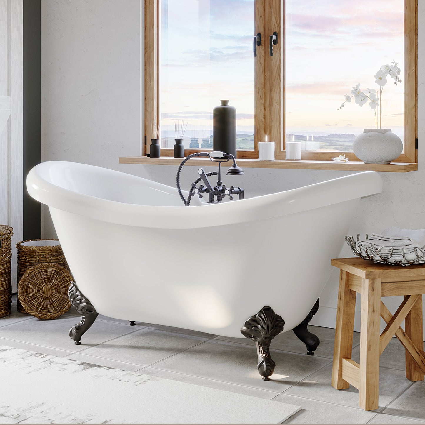 Acrylic Double Slipper Clawfoot Soaking Tub and Complete Oil Rubbed Bronze Plumbing Package