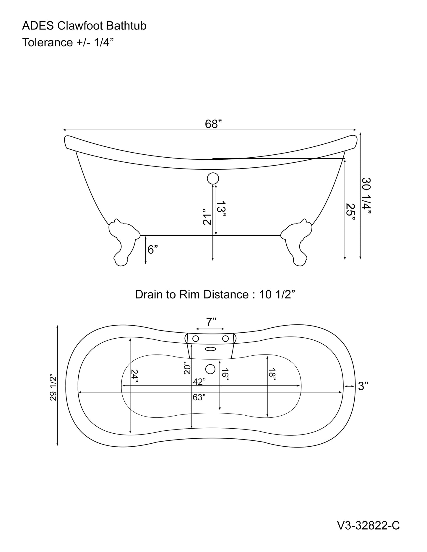 Acrylic Double Slipper Bathtub with Faucet Holes and Oil Rubbed Bronze Feet