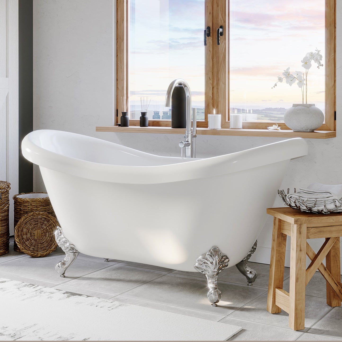 Acrylic Double Slipper Clawfoot Soaking Tub with Continuous Rim and Polished Chrome Feet