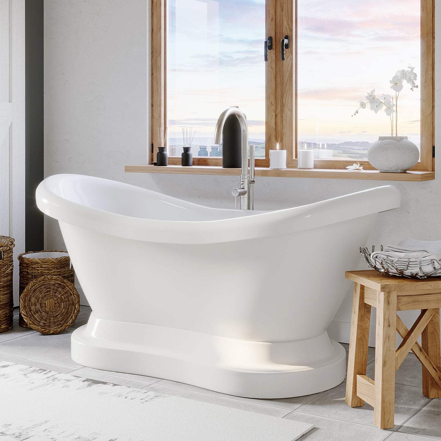 Acrylic Double Slipper Pedestal Soaking Tub with Complete Brushed Nickel Plumbing Package