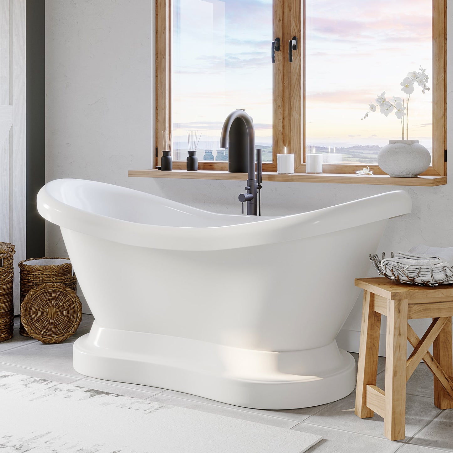 Acrylic Double Slipper Pedestal Soaking Tub with Complete Oil Rubbed Bronze Plumbing Package