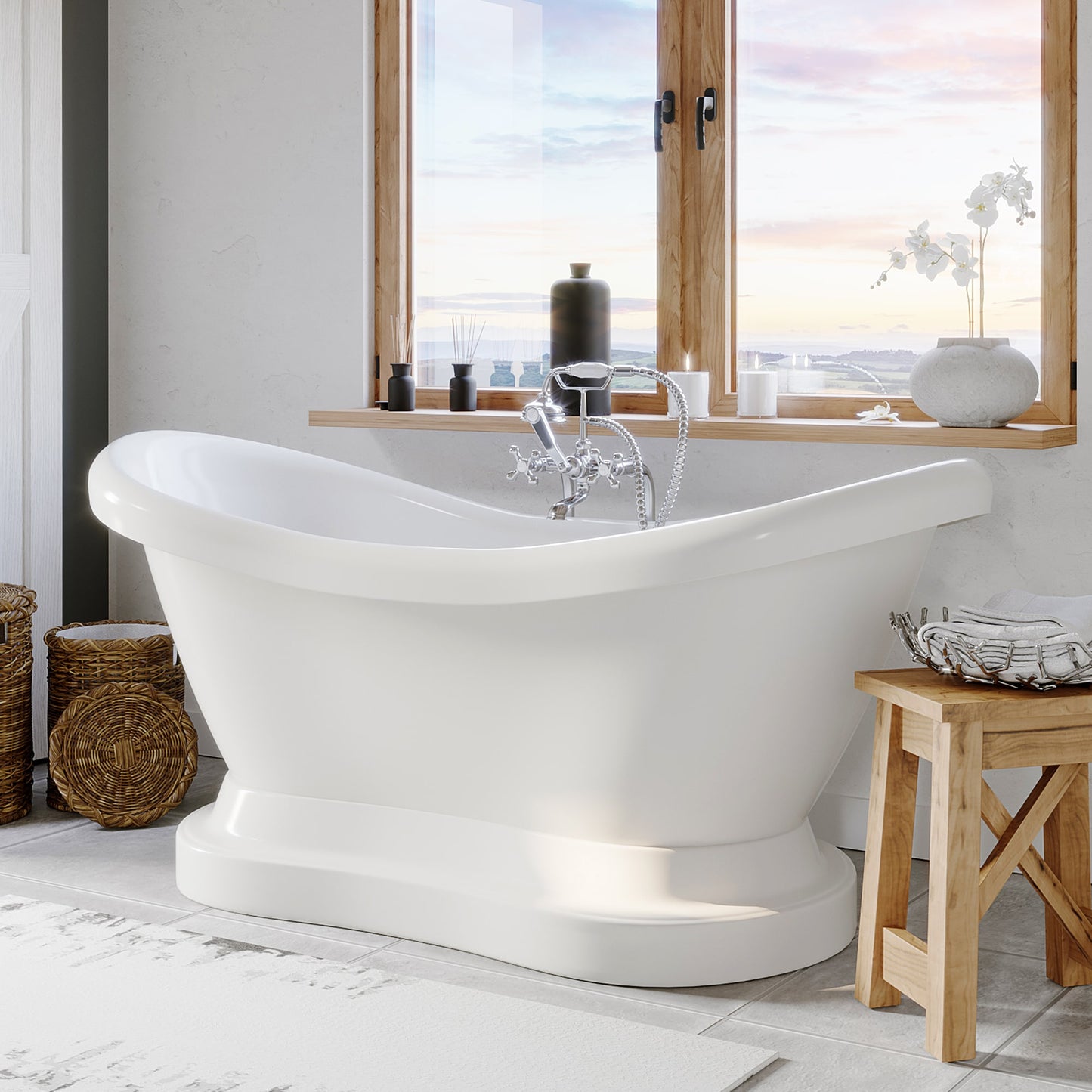 Acrylic Double Slipper Pedestal Soaking Tub and Complete Polished Chrome Plumbing Package