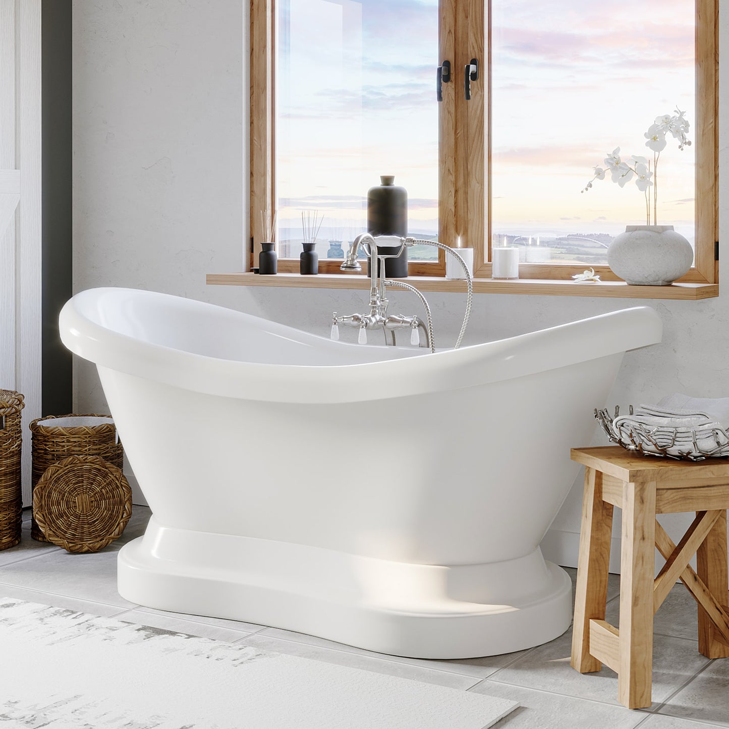 Acrylic Double Slipper Pedestal Soaking Tub with Complete Brushed Nickel Plumbing Package