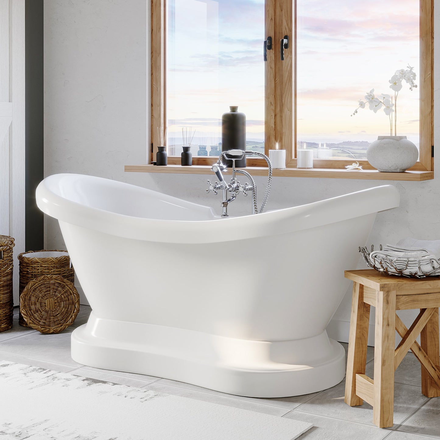 Acrylic Double Slipper Pedestal Soaking Tub with Complete Polished Chrome Plumbing package.