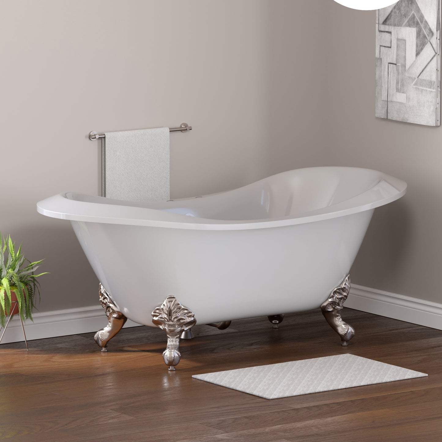 Extra Large Acrylic Double Slipper Clawfoot Tub, Brushed Nickel Feet and Deck Mount Faucet Holes