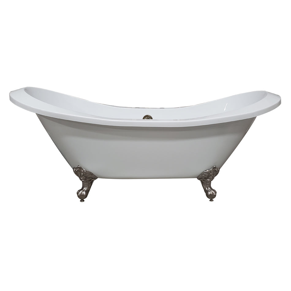 Extra Large Acrylic Double Slipper Clawfoot Tub, Brushed Nickel Feet and Deck Mount Faucet Holes