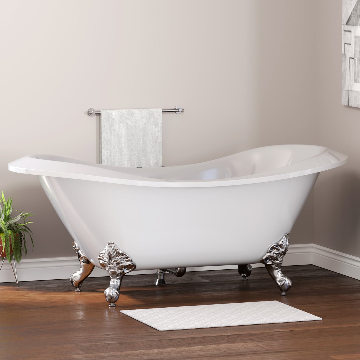 Extra Large Acrylic Double Slipper Clawfoot Tub, Polished Chrome Feet and Deck Mount Faucet Holes