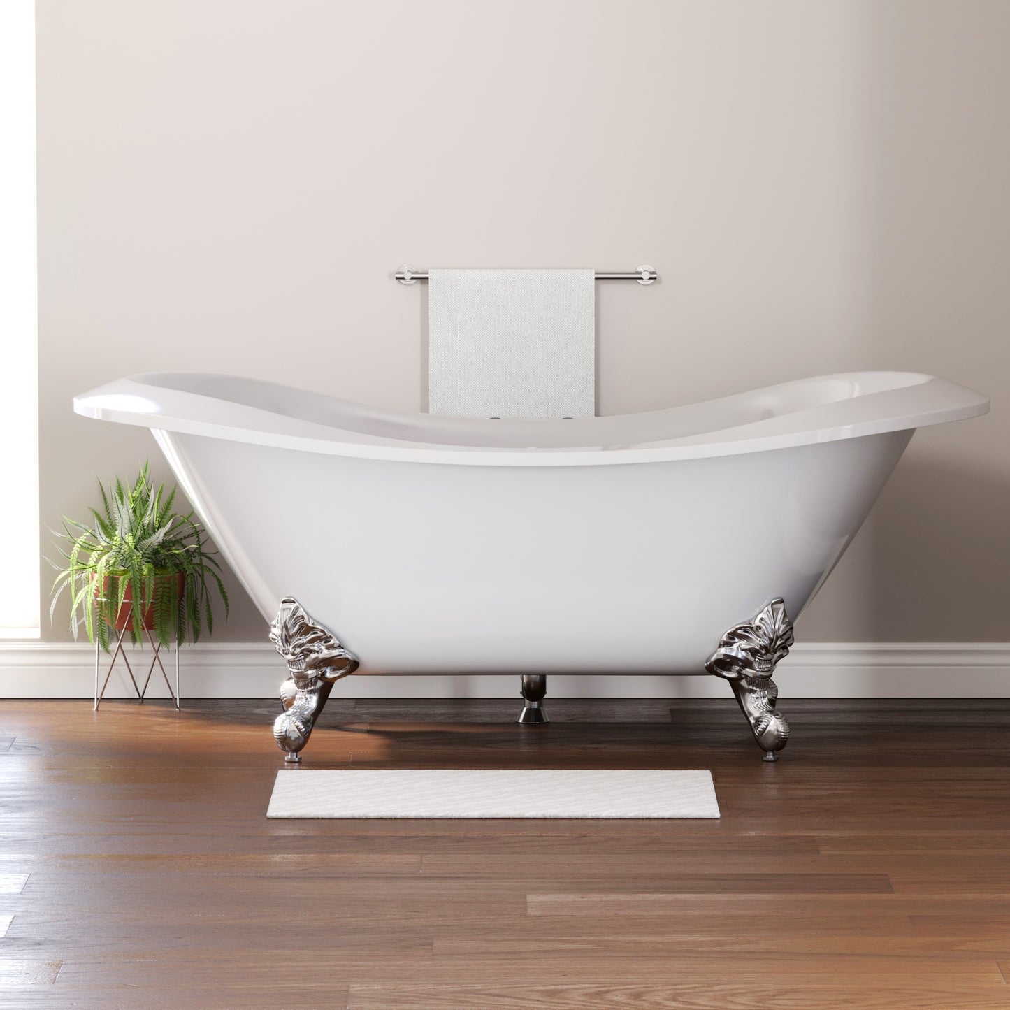 Extra Large Acrylic Double Slipper Clawfoot Tub, Polished Chrome Feet and Deck Mount Faucet Holes