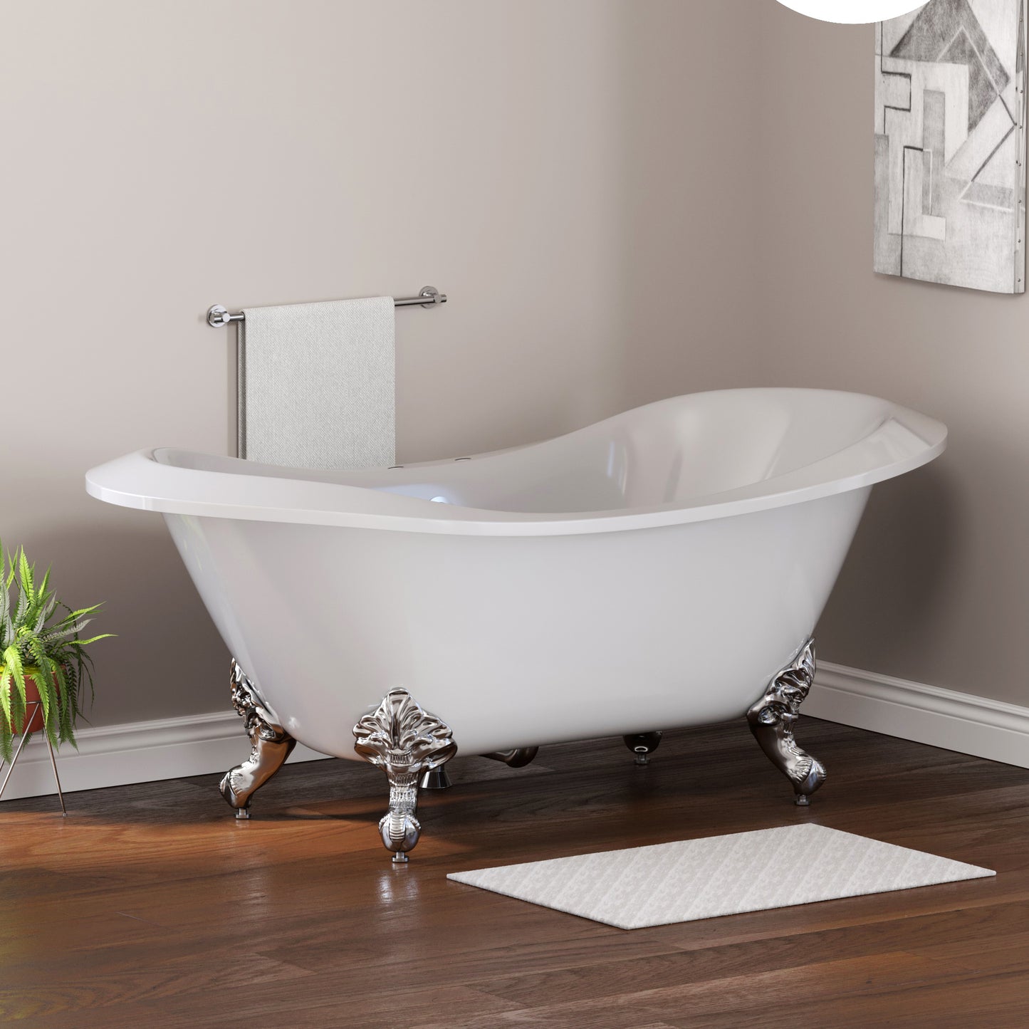 Extra Large Acrylic Double Slipper Clawfoot Tub, Polished Chrome Feet and Deck Mount Faucet Holes