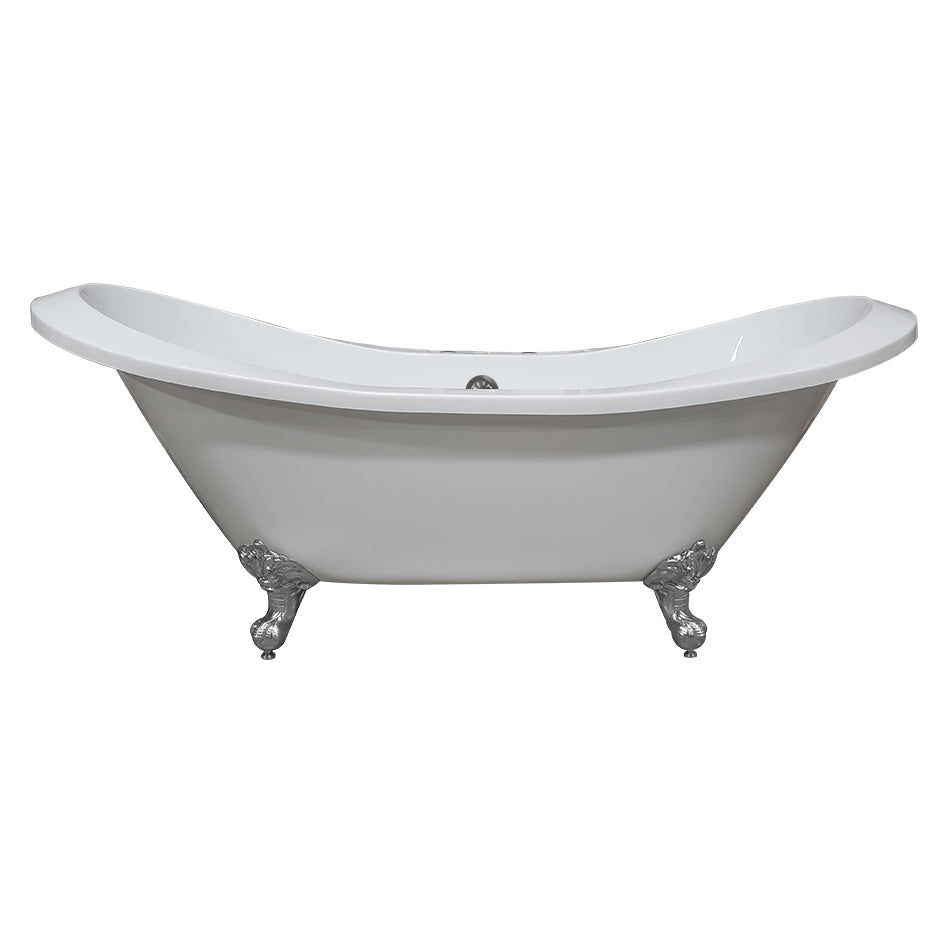 Extra Large Acrylic Double Slipper Clawfoot Tub, Polished Chrome Feet and Deck Mount Faucet Holes