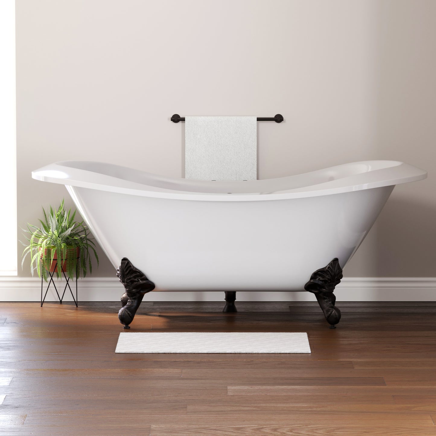 Extra Large Acrylic Double Slipper Clawfoot Tub, Oil Rubbe Bronze Feet and Deck Mount Faucet Holes