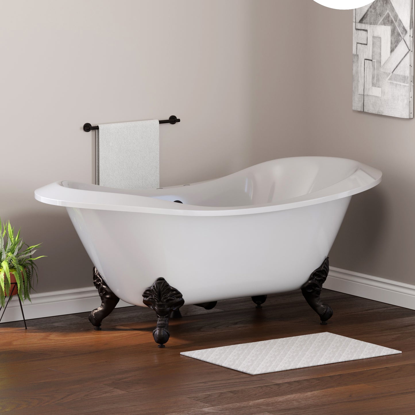 Extra Large Acrylic Double Slipper Clawfoot Tub, Oil Rubbe Bronze Feet and Deck Mount Faucet Holes