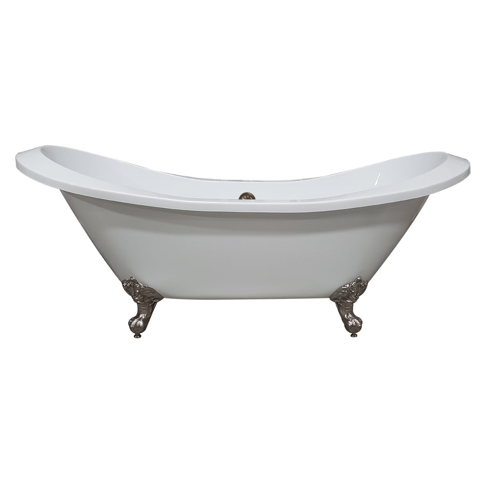 Extra Large Acrylic Double Slipper Clawfoot Tub, Brushed Nickel Feet and Continuous Rim