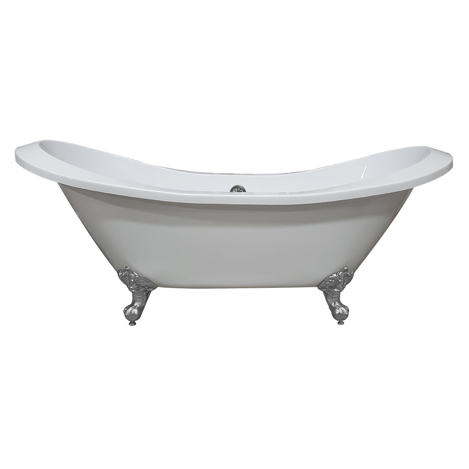 Extra Large Acrylic Double Slipper Clawfoot Tub, Polished Chrome Feet and Continuous Rim
