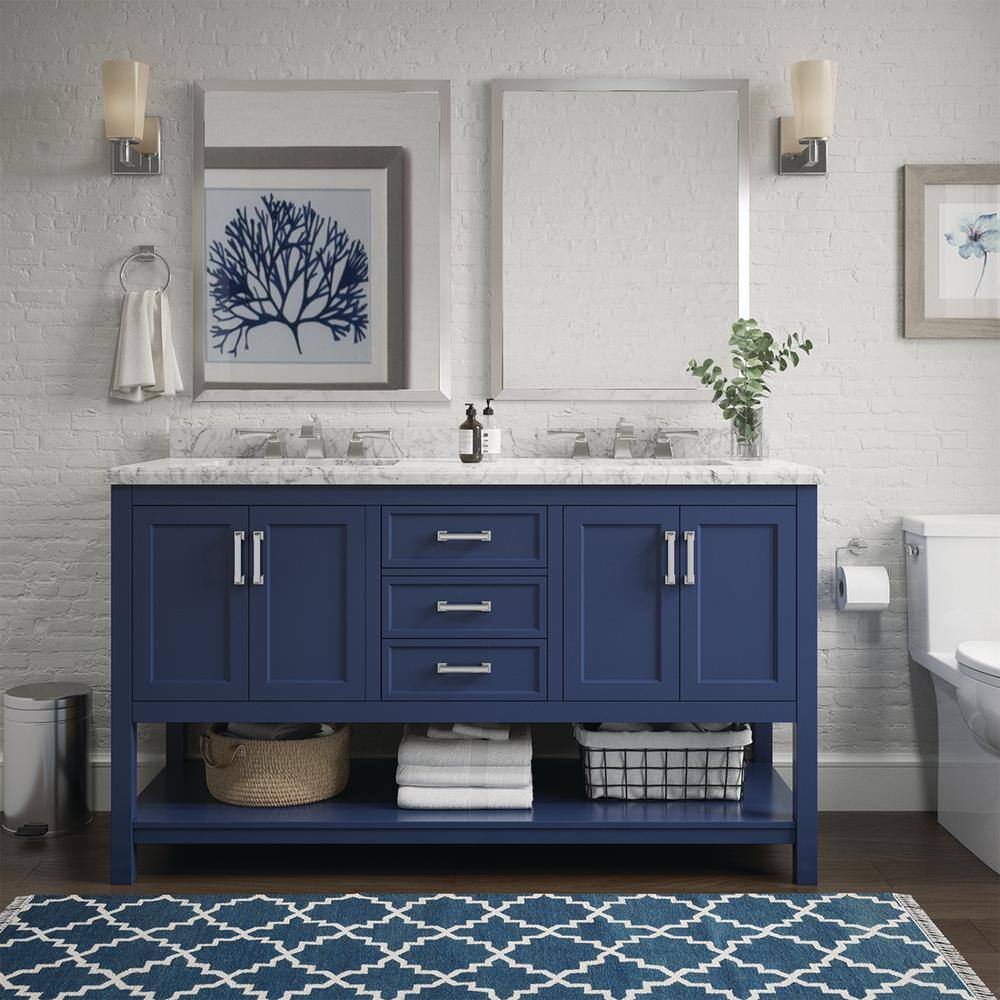 Affinity 61" Modern Bathroom Vanity in Blue Cabinet Carrara White Marble Countertop