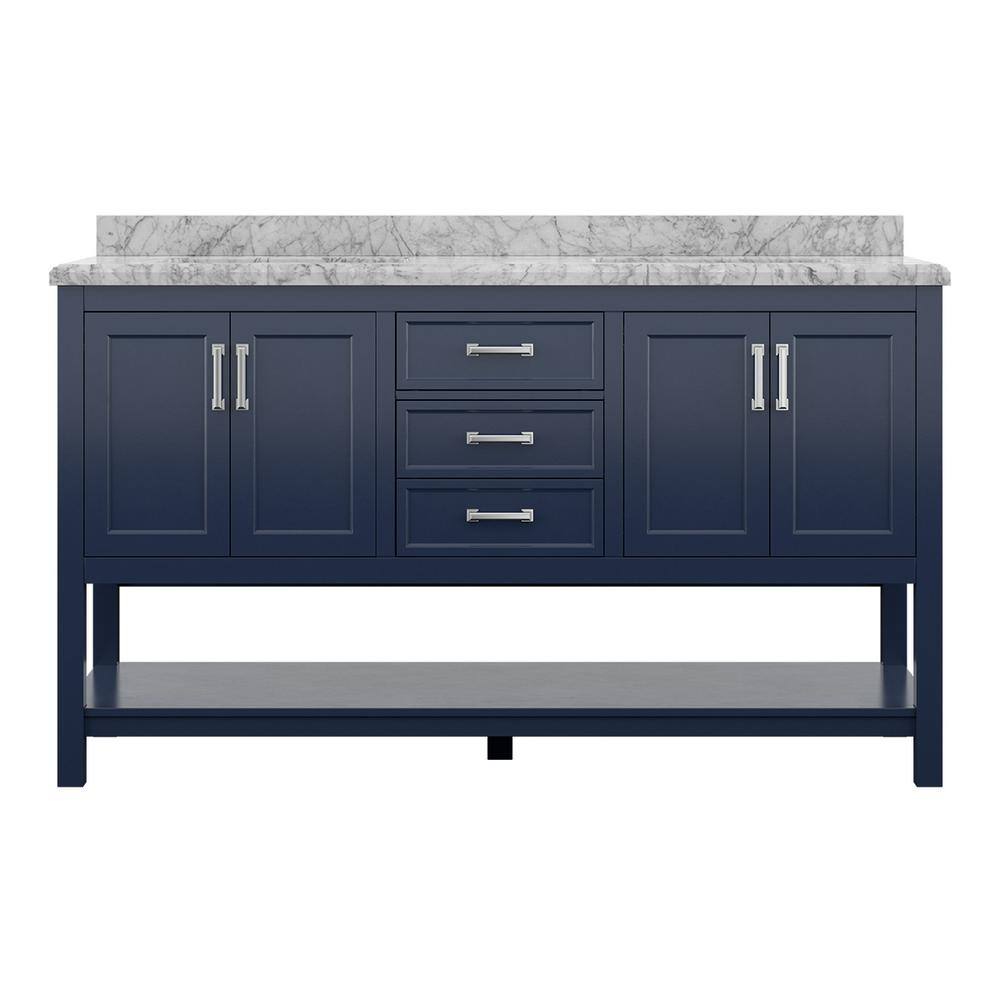 Affinity 61" Modern Bathroom Vanity in Blue Cabinet Carrara White Marble Countertop