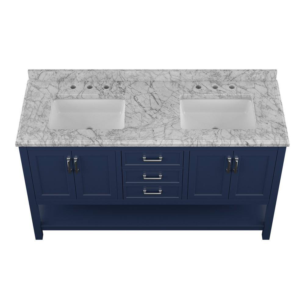 Affinity 61" Modern Bathroom Vanity in Blue Cabinet Carrara White Marble Countertop