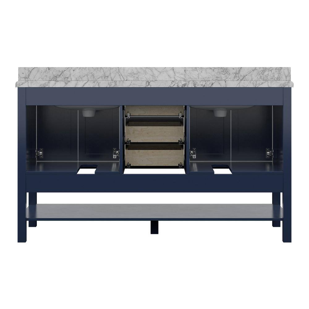 Affinity 61" Modern Bathroom Vanity in Blue Cabinet Carrara White Marble Countertop