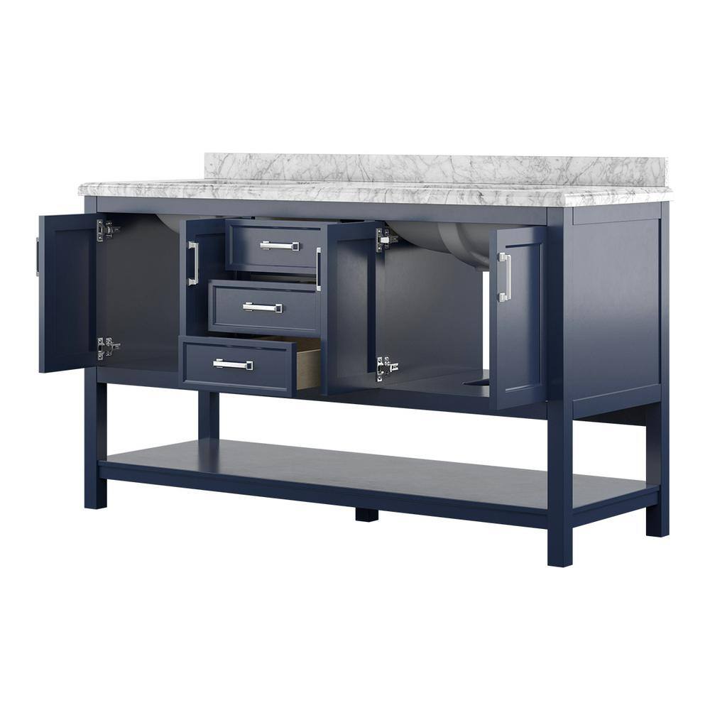 Affinity 61" Modern Bathroom Vanity in Blue Cabinet Carrara White Marble Countertop