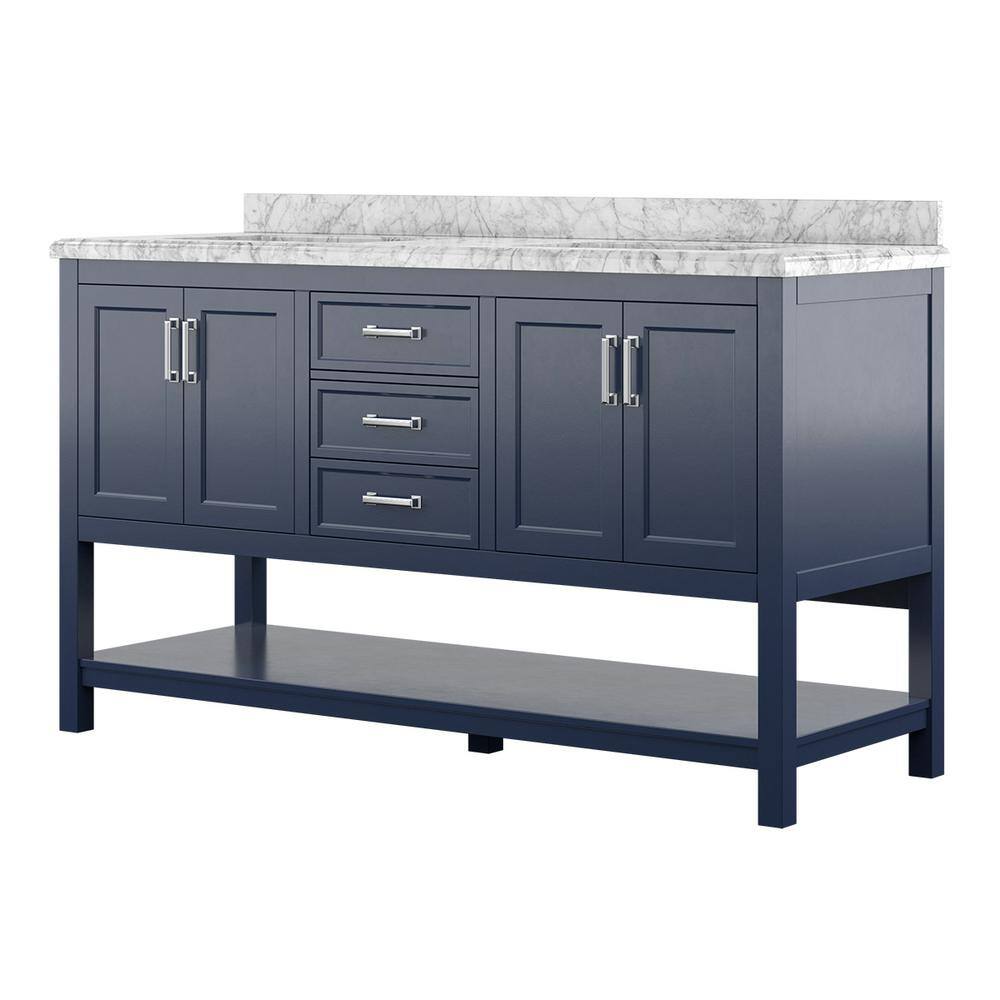 Affinity 61" Modern Bathroom Vanity in Blue Cabinet Carrara White Marble Countertop