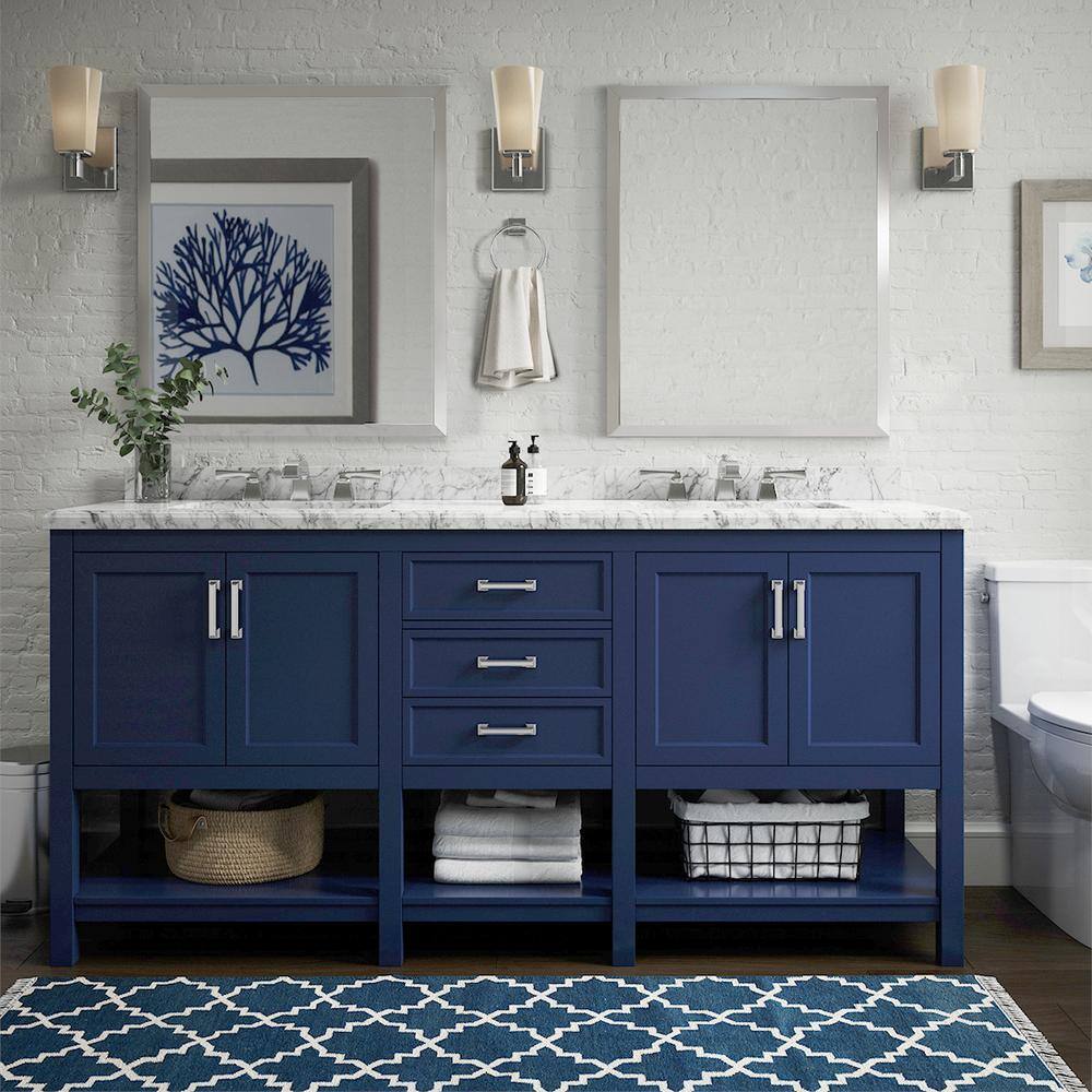 Affinity 72" Modern Bathroom Vanity in Blue Cabinet Carrara White Marble Countertop