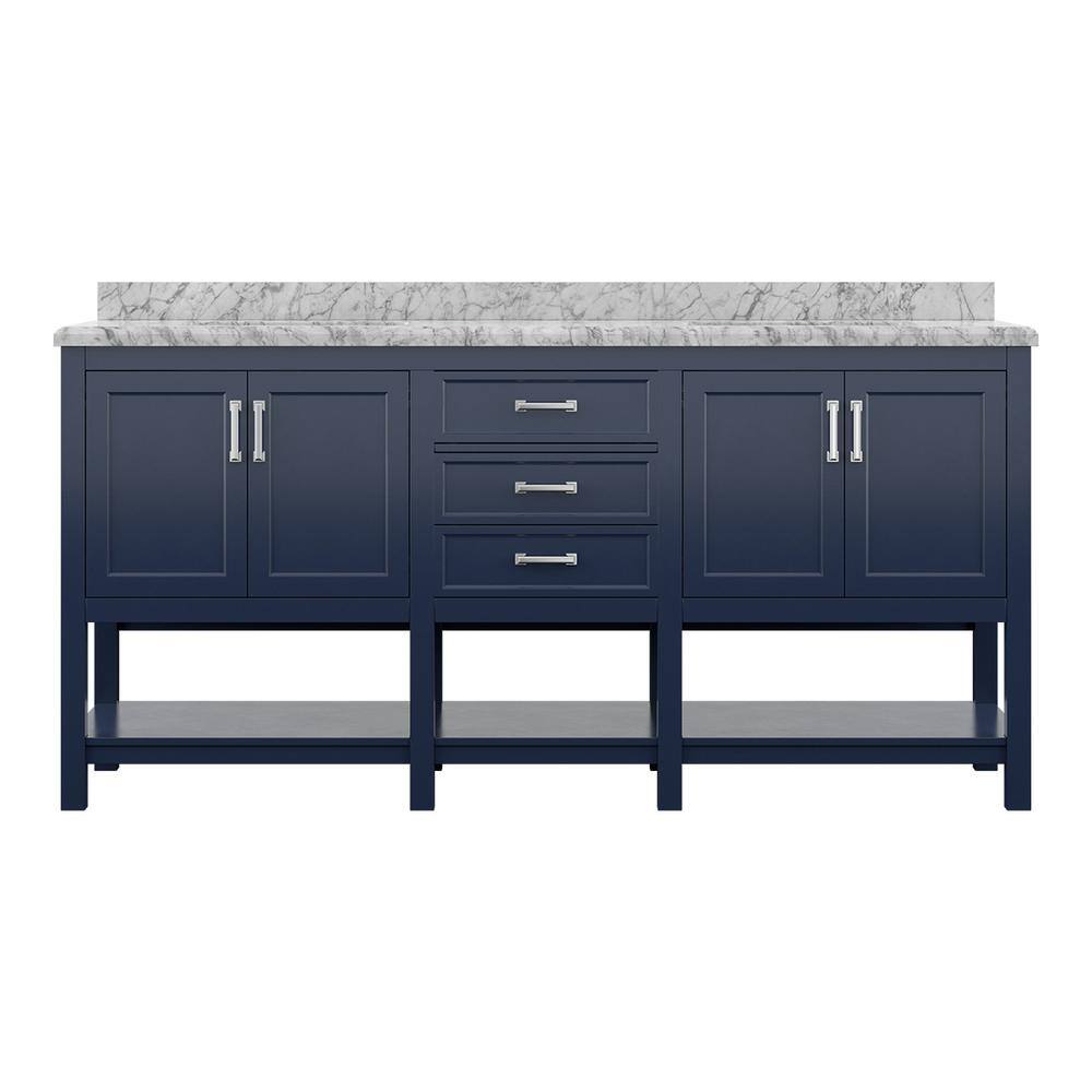 Affinity 72" Modern Bathroom Vanity in Blue Cabinet Carrara White Marble Countertop
