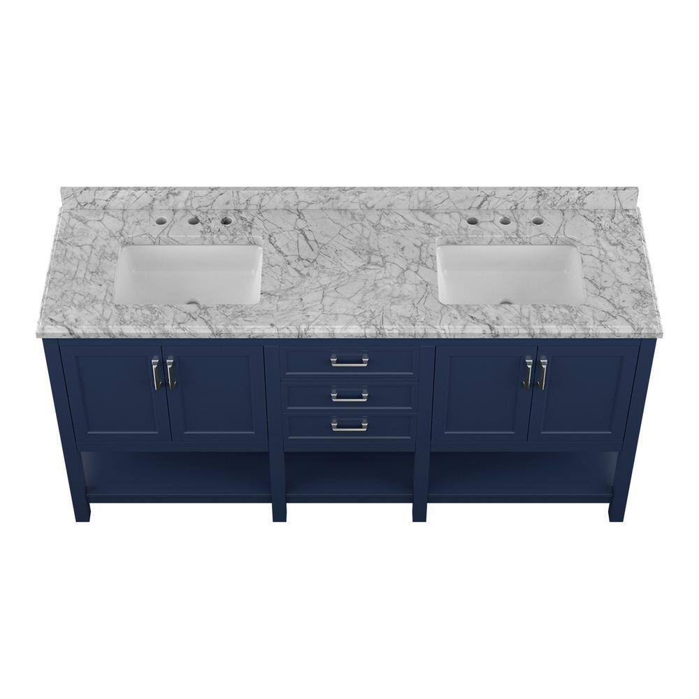 Affinity 72" Modern Bathroom Vanity in Blue Cabinet Carrara White Marble Countertop