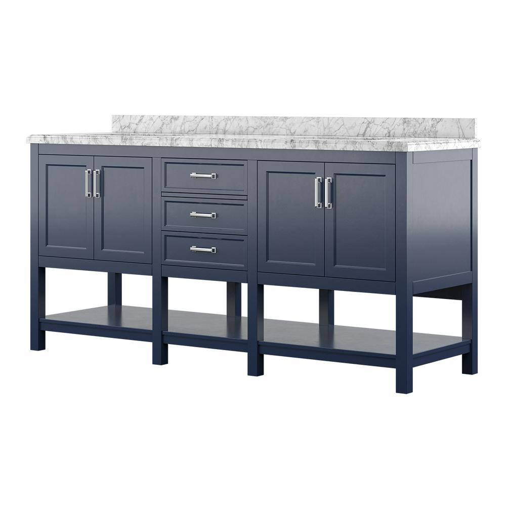 Affinity 72" Modern Bathroom Vanity in Blue Cabinet Carrara White Marble Countertop