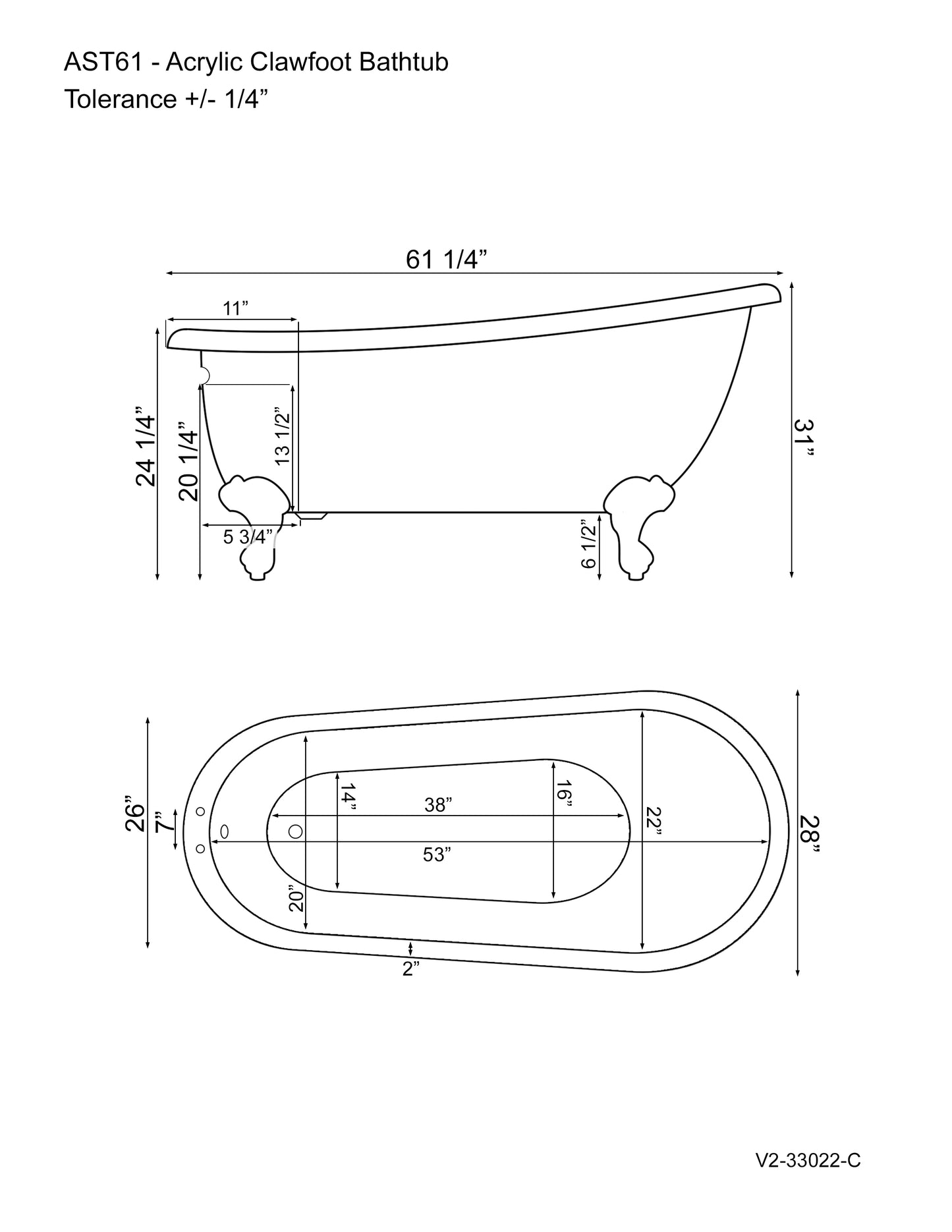 61 Inch Acrylic Slipper Soaking Tub with and Complete Polished Chrome Plumbing Package