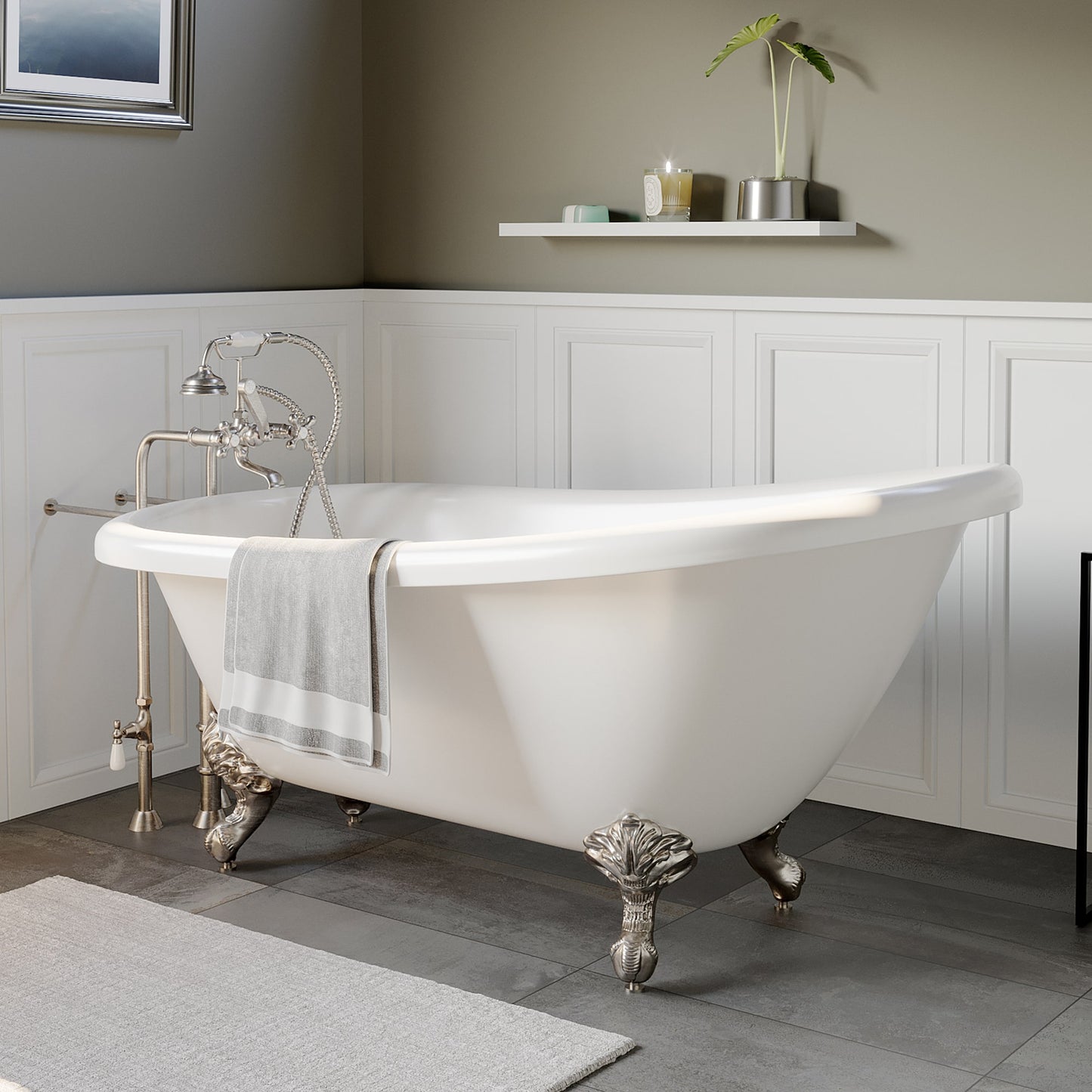 Acrylic Clawfoot Slipper Soaking Tub with Continuous Rim and Brushed Nickel Plumbing Package