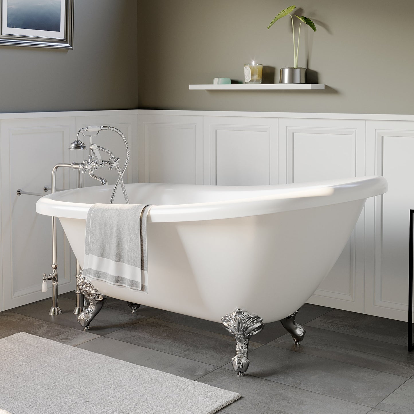 Acrylic Clawfoot Slipper Soaking Tub with Continuous Rim and Polished Chrome Plumbing Package